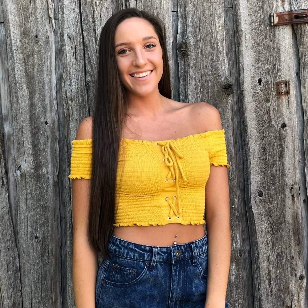 Yellow Off The Shoulder Front Tie Crop Top